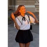 The Champ Clothing Kadın Oversize Tişört Puantiyeli Black Dot Şal Yaka Aksesuarlı Beyaz – Rahat Kalıp, %100 Pamuk