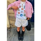 The Champ Clothing Kadın Oversize Yazlık Renkli Deniz Yıldızı ve Mercan Baskılı Beyaz Tişört