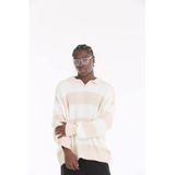 The Champ Clothing Polo Yaka Örme Triko, Bej Çizgili, Oversize, Erkek Kazak