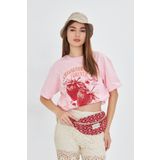The Champ Clothing Strawberry Fields Forever Baskılı %100 Pamuk Kadın Oversize Pembe Tişört