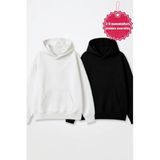 The Champ Clothing Unisex Oversize Kapüşonlu Sweatshirt, Siyah & Beyaz, Cepli, 3 İplik Polar, XL