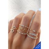 The Collection 7'li Kombin Love Yazılı Eklem Gold Taşlı Yüzük Set