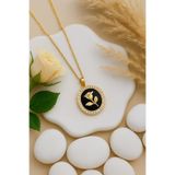 The Collection Pearl Rose İnci Detaylı Gül Siyah Mineli Kolye Kadın Kararmaz Gold Taşlı Çelik Kolye
