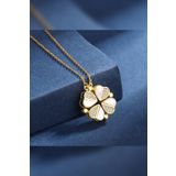 The Collection Sedef ve Zirkon Taşlı Açılır Dört Kalpli Kapanır Yonca Mıknatıslı Kararmaz Gold Çelik Kolye