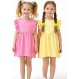 The Littles Kids Kız Çocuk Sarı ve Pembe Renk Kolları Fırfırlı Düğmeli Pamuklu Waffle Kumaş 2 Adet Yazlık Elbise(Toka Hediyeli) - 3 - 4 Yaş - Sarı - Pembe