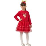 The Littles Kids Yılbaşı Temalı Geyik Desenli Taç Hediyeli Kırmızı Renk Tütülü Şardonlu Kız Çocuk Elbise - 4 Yaş