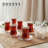 The Mask Elturko 6 Kişilik 19 Parça Çay Bardağı Seti | 6 Çay Bardağı, Cam Şekerlik ve 6 Metal Çay Kaşığı Içeren Şık Çay Takımı - Şeffaf - 135 ml