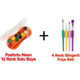 The Monarch Co Fosforlu Neon 12 Renk Sulu Boya ve 4'lü Ergonomik Süngerli Fırça Seti - Çocuk Sanat Etkinlik Paketi