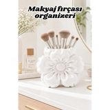the mr east Çiçek Formlu Saten Dokulu Makyaj Fırçası Organizeri 15X11CM Pla Dekoratif Organizer - Beyaz