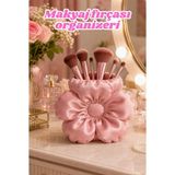 the mr east Çiçek Formlu Saten Dokulu Makyaj Fırçası Organizeri 15X11CM Pla Dekoratif Organizer - Pembe