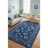 The Reef Design Lacivert Çiçek Desenli Klasik Vintage Halı Dijital Baskı Kaymaz Mavi Dekoratif Eskitme Salon Halısı