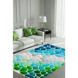 The Reef Design Mavi Yeşil Taş Görünümlü Patchwork Halı Dijital Baskı Dokuma Kaymaz Tabanlı Antialerjik Salon Halısı