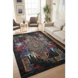 The Reef Design Oryantal Mandala Desenli Siyah Halı Etnik Bohem Dekoratif Dijital Baskı Kaymaz Salon Halısı
