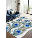 The Reef Design Tavus kuşu Tüy Desenli Mavi Dijital Baskılı Dokuma Kaymaz Tabanlı Yıkanabilir Salon Halısı