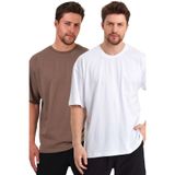 THE RULE Erkek Beyaz - Kahverengi Oversize Fit Bol Kesim Bisiklet Yaka%100 Pamuk Basic 2'li Tişört Paketi Beyaz-Kahve S