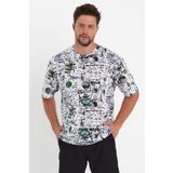THE RULE Erkek Beyaz Oversize Fit Bisiklet Yaka Baskılı Pamuklu T-Shirt