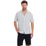 THE RULE Erkek Beyaz Oversize Fit Kısa Kollu Rahat Kesim Çizgili Apaş Yaka Dokulu Yazlık Gömlek Beyaz S