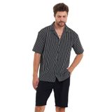 THE RULE Erkek Siyah Oversize Fit Kısa Kollu Rahat Kesim Çizgili Apaş Yaka Dokulu Yazlık Gömlek Siyah S