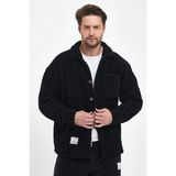 The Rule Erkek Siyah Peluş Oversize Fit Gömlek Yaka Kışlık Rahat Tek Cepli Ceket RF0457 - XL