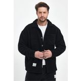 THE RULE Erkek Siyah Peluş Oversize Fit Gömlek Yaka Kışlık Rahat Tek Cepli Ceket RF0457