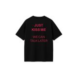THE RULE Kadın Just Kiss Me Baskılı Oversize%100 Pamuk Geniş Kesim Yumuşak Dokulu Bisiklet Yaka T-Shirt Siyah M