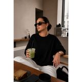 THE RULE Kadın Yumuşak Kumaşlı %100 Pamuk Basic Düz Baskısız Oversize Bisiklet Yaka Siyah T-Shirt
