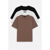 THE RULE Unisex 3'lü Paket Siyah-beyaz-kahve Oversize%100 Pamuk Bol Geniş Kesim Bisiklet Yaka Basic Tişört Siyah-Beyaz-Kahve S