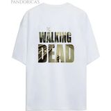 The Walking Dead Yazılı Sırt Baskılı Pamuklu Relaxed Kalıp Unisex Tişört - Beyaz - XL