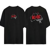The Wert Ac Dc Logosu Ön Arka Baskılı Sıyah Oversize T-Shirt - XL - Siyah