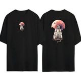 The Wert Astronot Takım Elbise Çizimi ve Ay Ön Arka Baskılı Sıyah Oversize T-Shirt - Siyah