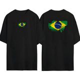 The Wert Brezilya Bayrağı Ön Arka Baskılı Sıyah Oversize T-Shirt - M - Siyah
