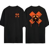 The Wert Gaz Maskesi Turuncu x Ön Arka Baskılı Sıyah Oversize T-Shirt - Siyah
