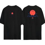 The Wert Japan Ağaç ve Ay Ön Arka Baskılı Sıyah Oversize T-Shirt - Siyah