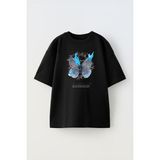 The Wert Unisex Dikenli Tel Kelebek Tasarım Baskılı Pamuk Sıyah Oversize T-Shirt - Siyah - XL
