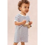 The White Company Organik Pamuklu Çizgili Kısa Kollu Bebek Tulumu - Beyaz - Lacivert - 0 - 3 Ay