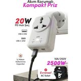 The Wlue 20W Pd Hızlı Şarjlı Akım Korumalı Kompakt Priz | 2500W | Usb-C & Usb-A | 18W Qc Hızlı Şarj - Beyaz - Renk