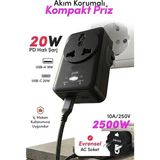 The Wlue 20W Pd Hızlı Şarjlı Akım Korumalı Kompakt Priz | 2500W | Usb-C & Usb-A | 18W Qc Hızlı Şarj - Siyah - Renk