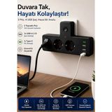 The Wlue 3’lü Akım Korumalı Priz Çoğaltıcı | 3x USB-A ve 1x Type-C Çıkışlı Priz | 2500W 10A - Siyah