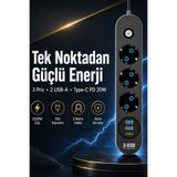The Wlue 3’lü Anahtarlı Çoklu Priz | 2xUSB | 1xType-C Hızlı | PD Şarj Destekli | 2500W | Uzatma Kablosu