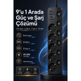 The Wlue 5’li Akım Korumalı Çoklu Priz | 3680W | 2xUSB-A | 2x Type-C | PD 20W Hızlı Şarjlı | 2 Metre Kablolu