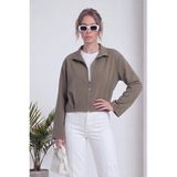 The ZKS Kadın Bomber Ceket Fermuarlı Cepli Crop Haki, Siyah, Kırmızı, Bej, Kahverengi - XS - 02-Haki