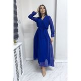 The ZKS Kadın Kruvaze Yaka Kuşaklı Şık Günlük Midi Şifon Elbise Beyaz , Haki, Kırmızı, Saks, Yeşil, Siyah - 3XL - 008 Saks