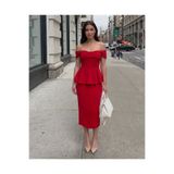 the ZKS Kadın Peplum Etek Bluz İkili Takım Düşük Omuz Detaylı Kırmızı