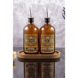 TheBRo 500ML Amber Renkli Ahşap Stantlı Vintage Desenli Cam Yağdanlık 2'li Set Zeytinyağı Sıvıyağ Şişesi
