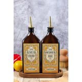 TheBRo 500ML Amber Renkli Vintage Premium Gold Ahşap Stantlı Zeytinyağı Şişesi ve Ayçiçek Yağı Şişesi