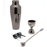 TheBRo 550ml Parlak Siyah French Shaker ,Jigger,Şişe Dökücü Ve Çatallı Bar Kaşığı Kokteyl Seti