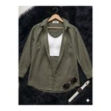 thefun fashion Kadın Oversize Kesim Dokuma Keten Uzun Kollu Haki Gömlek %100 Pamuk