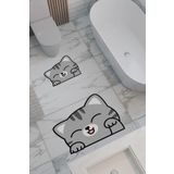 THEMODERNHANE Kedi Desenli Eko Banyo Paspası, Kaymaz Taban, Makinada Yıkanabilir, Dijital Baskı 2'li Set