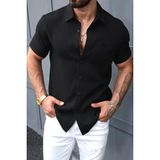 Theo Slim Fit Esnek Likralı Kısa Kol Ayaklı Yaka Erkek Gömlek - Siyah