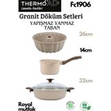 Thermoad Döküm Granit Vizon Karnıyarık Tencere 32Cm+Dilimli Kek Kalıbı+ Döküm Granit Sütlük -Sosluk 1Lt.